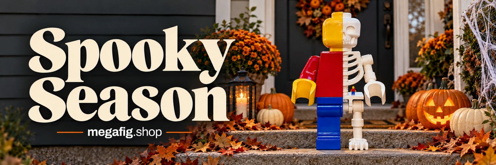 Spooky Season at megafig.shop: the Skeleton Fig, half classic figure and half skeleton, on a porch decorated for Halloween