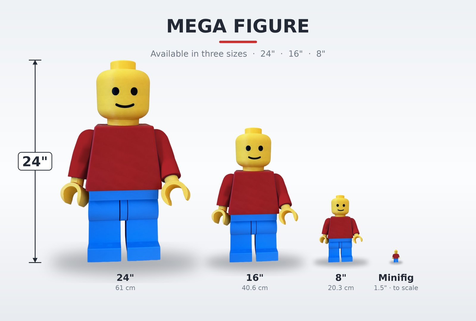 Crimson Arms monthly drop shown at 24, 16 and 8 inches beside a standard minifigure