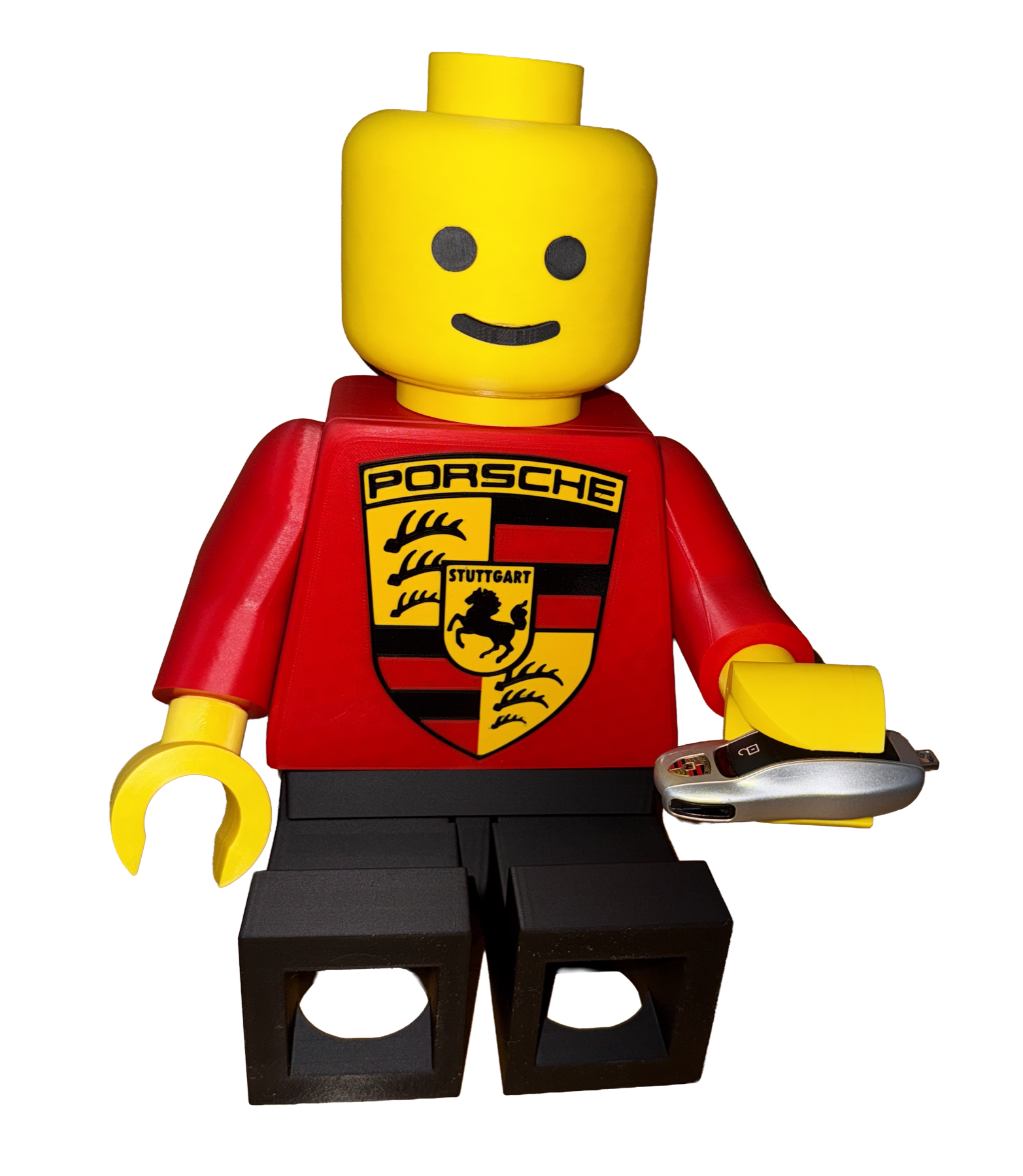 Mega Figure with a racing crest torso and matte black legs holding a car key in an open hand