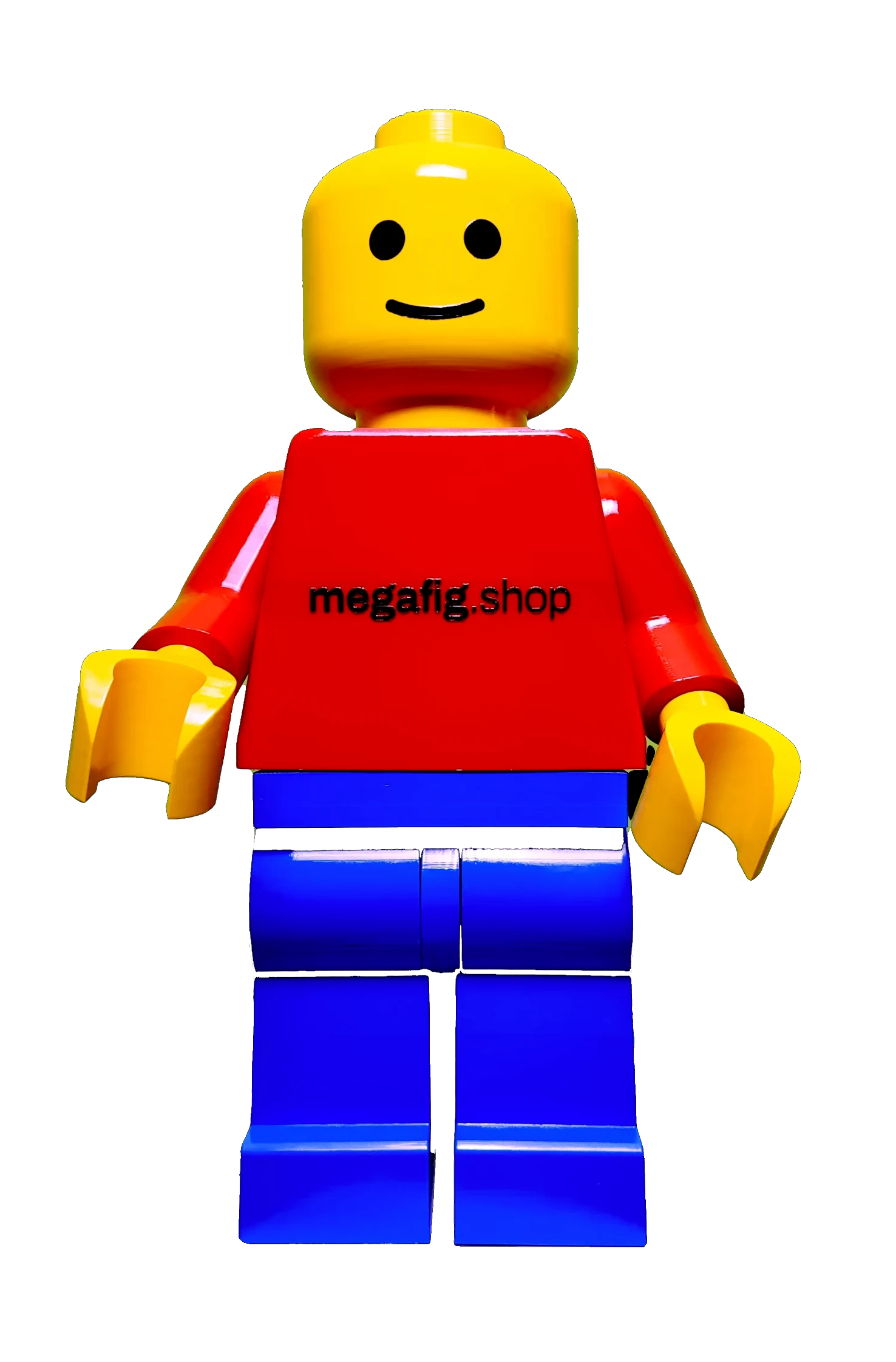 A Mega Figure in the classic colorway — yellow head, red torso printed megafig.shop, cobalt legs