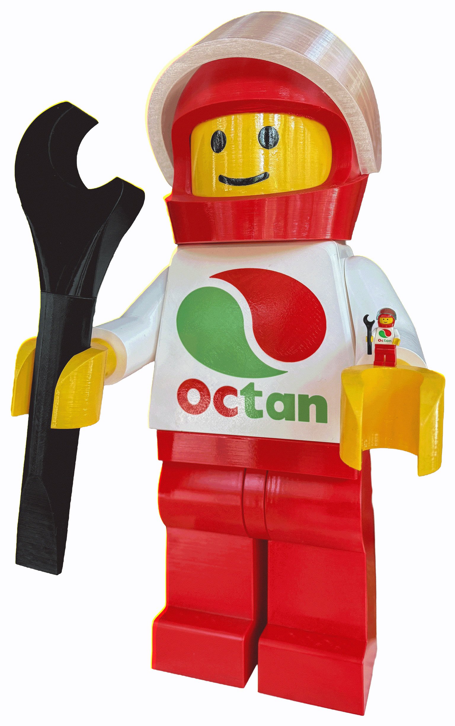 The Octan Vintage Racer in red — white Octan torso, red legs, a red racing helmet with a clear visor, and a black mechanic’s wrench in one hand, a standard Octan minifigure in the other