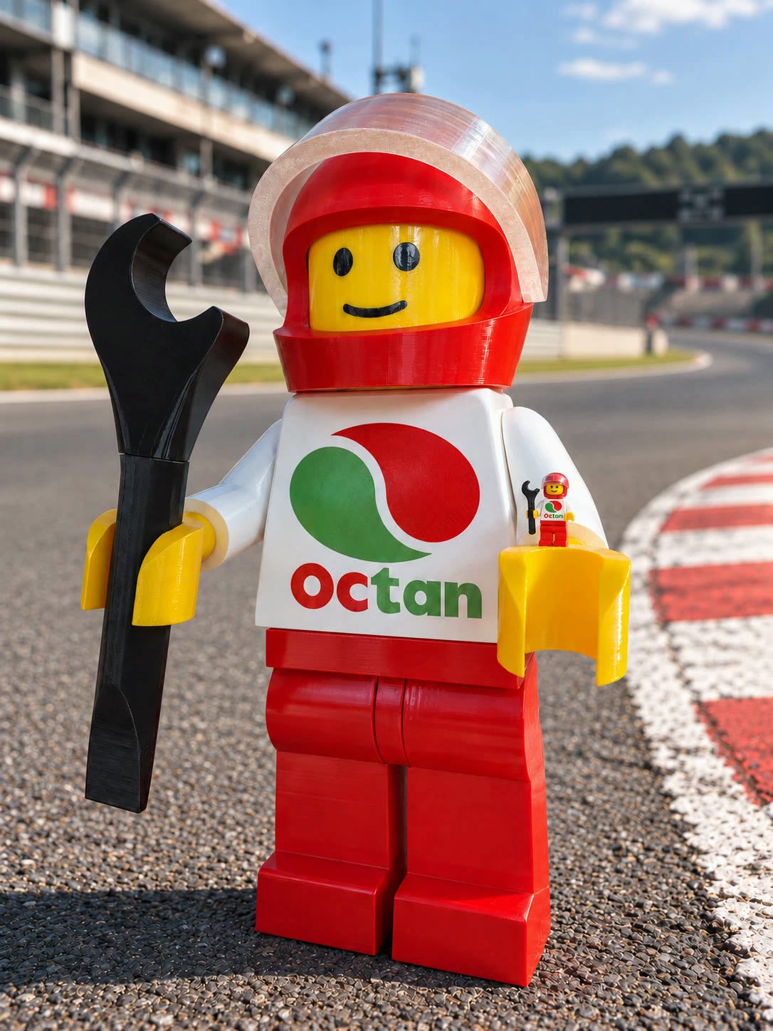 The red Octan Vintage Racer with helmet and wrench standing at the edge of a race track beside red and white kerbs