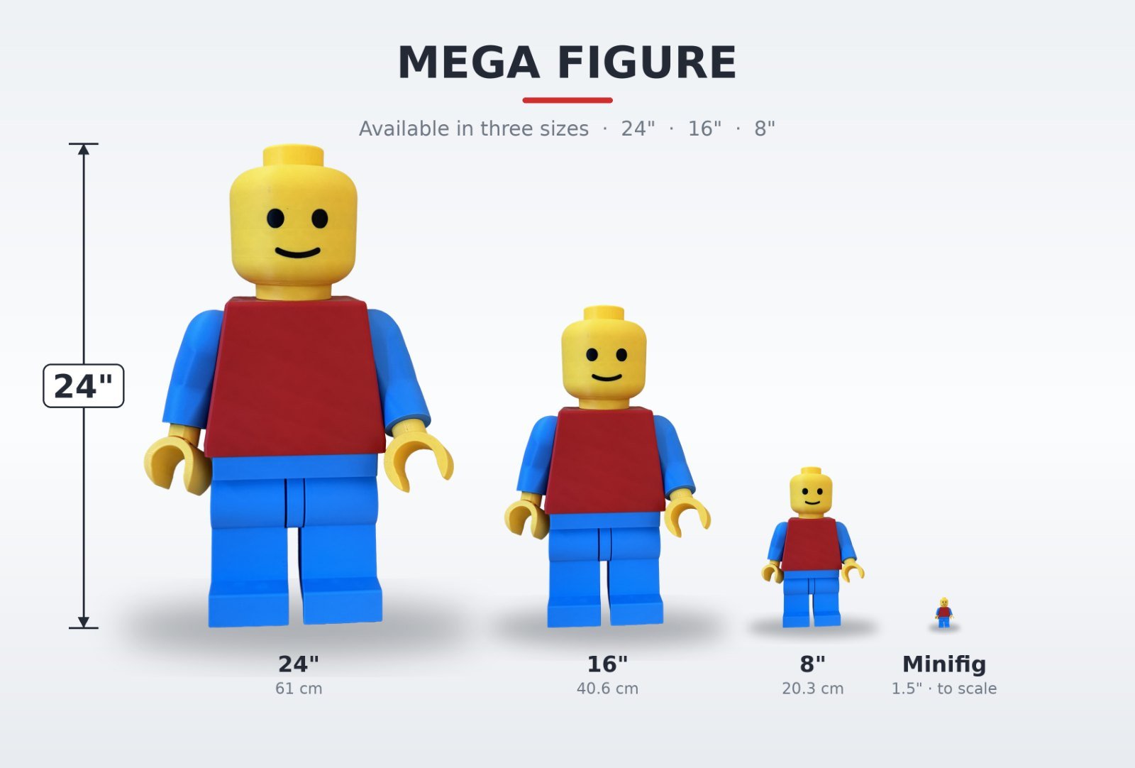 Mega Figures at 24, 16 and 8 inches shown beside a standard minifigure