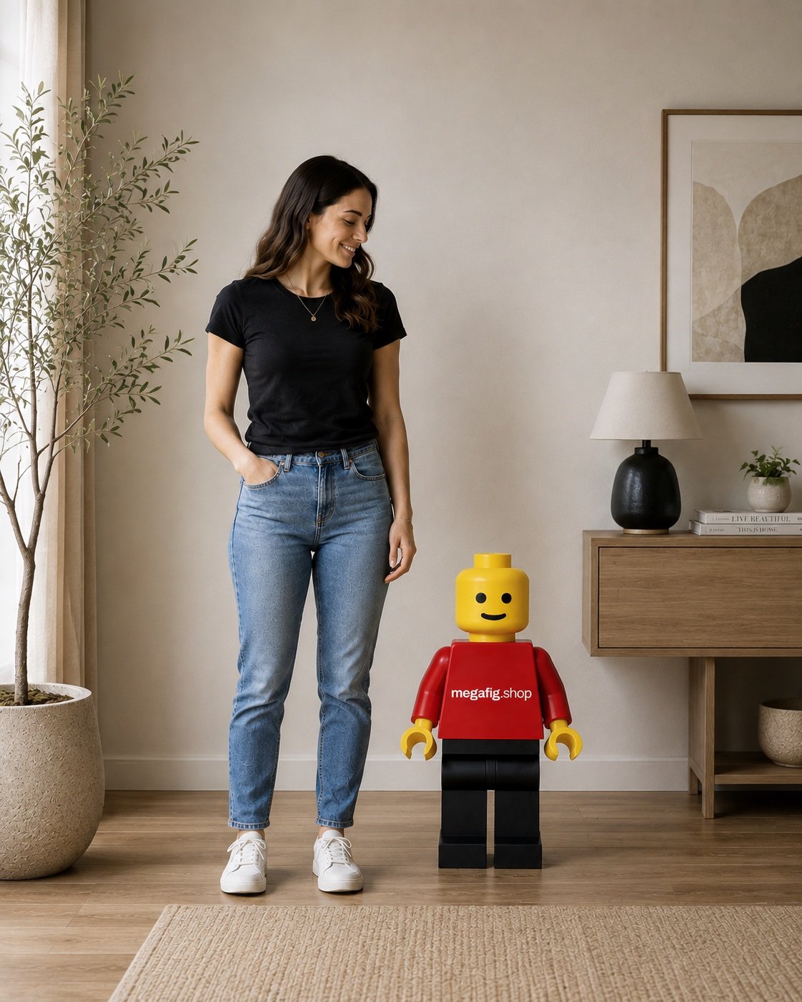 A Mega Figure standing on a living-room floor beside an adult, showing how large the figures are in a room